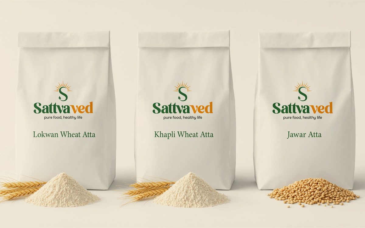 Sattvaved stone chakki atta packs — Lokwan wheat, Khapli wheat and Jawar atta