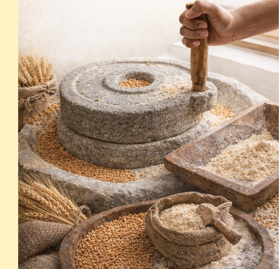 Traditional stone chakki grinding naturally grown wheat into fresh flour